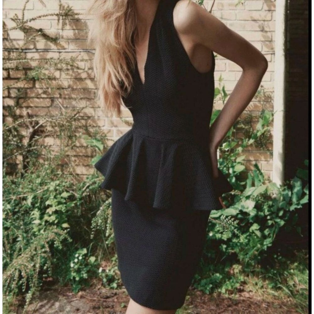 Anthropologie Ganni Eleanor Peplum Dress Black Sleeveless V-Neck M